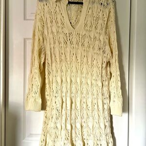 Free People Cream V-Neck Cuffed Sleeve Sweater Dress
